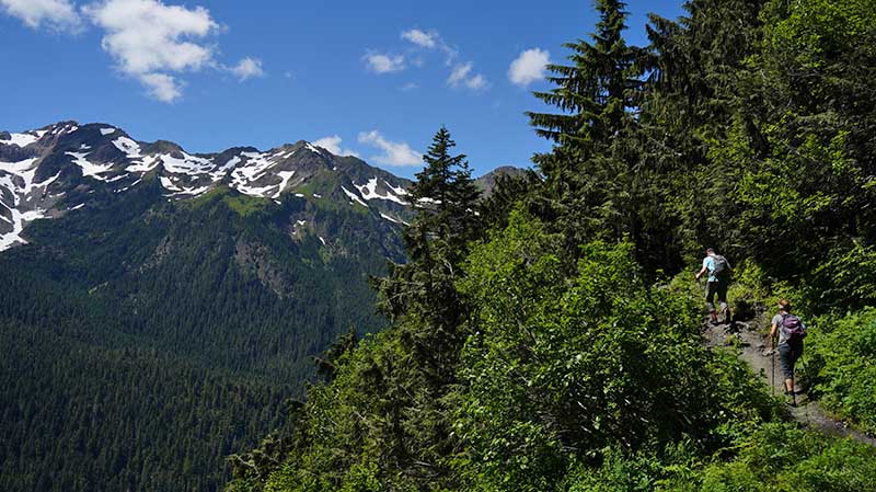 Beautiful view of the Goat Rocks Wilderness with two backpackers