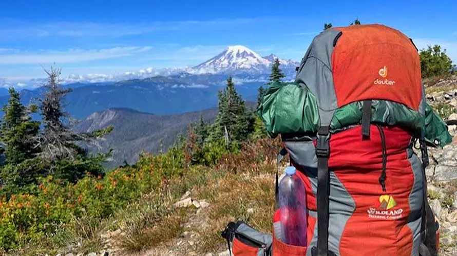 Backpacker with Wildland Trekking logo in Goat Rocks Wilderness with Mount Rainier Behind