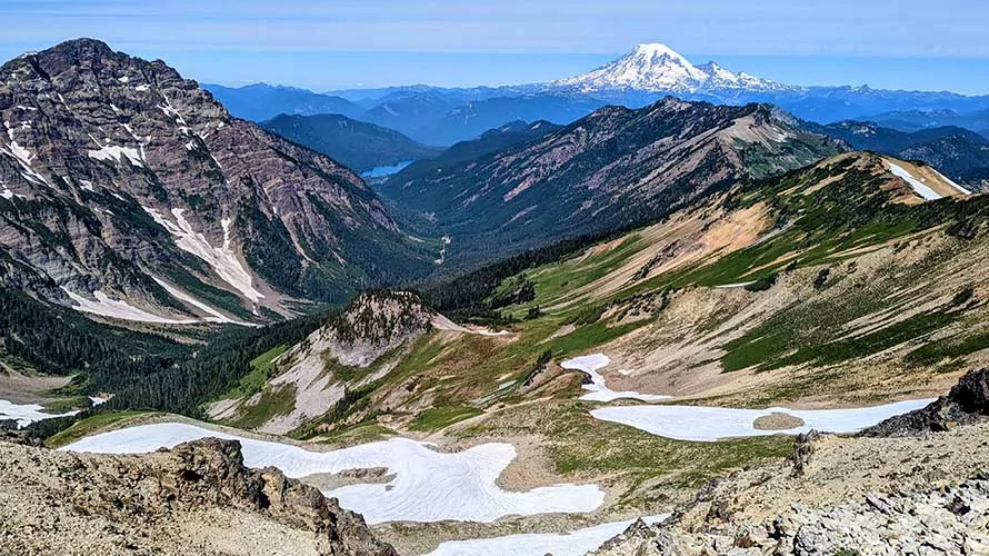View of Mount Rainier from the alpine of the Goat Rocks Wilderness, Washington
