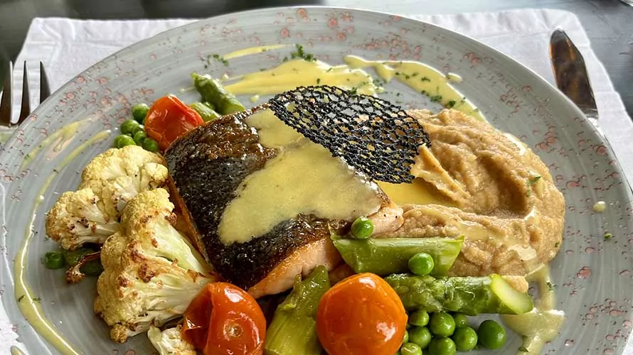 Gourmet salmon dish at a lodge in Patagonia