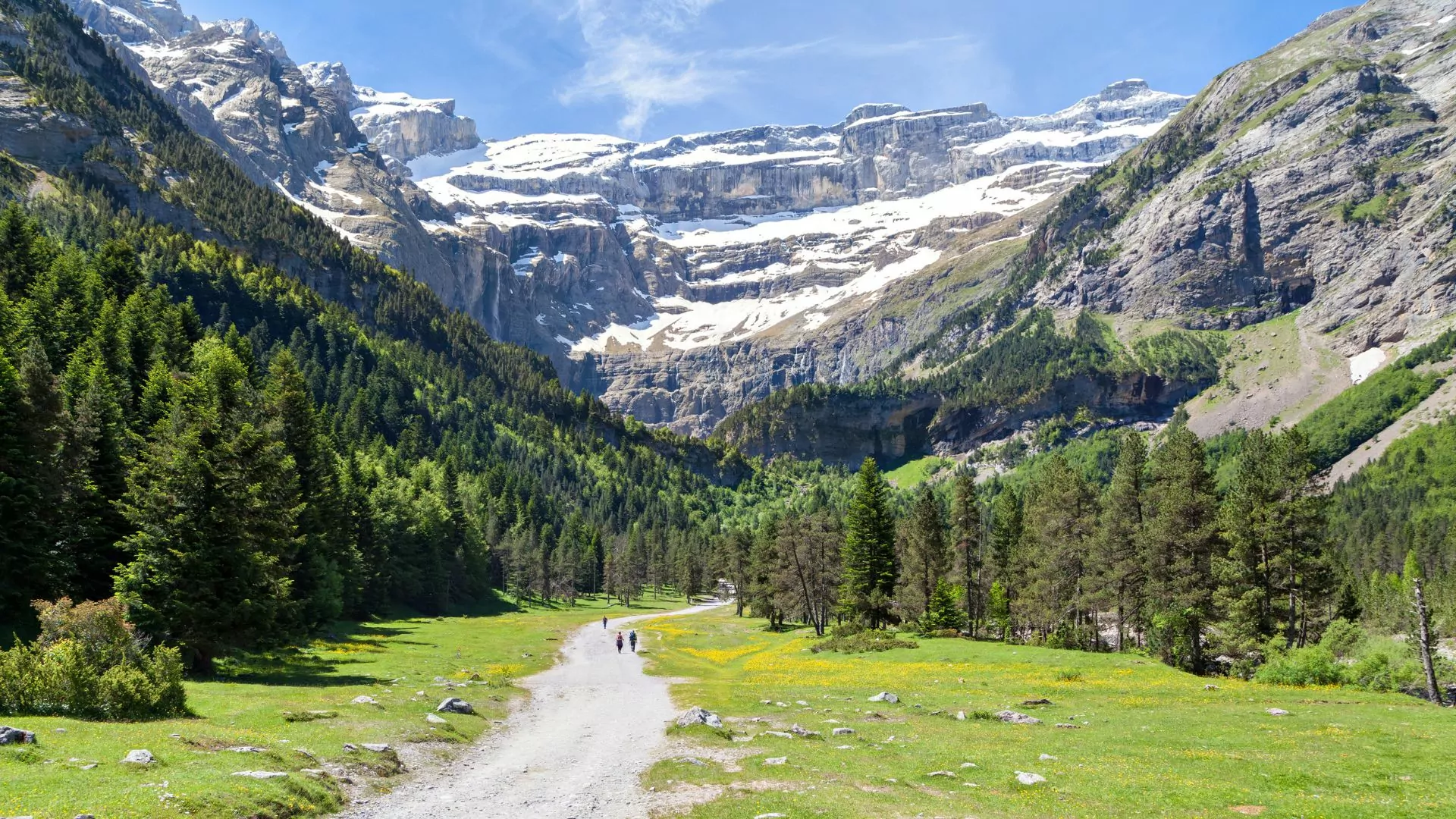 A dirt roadway stretches into the distant Pyrenees mountains