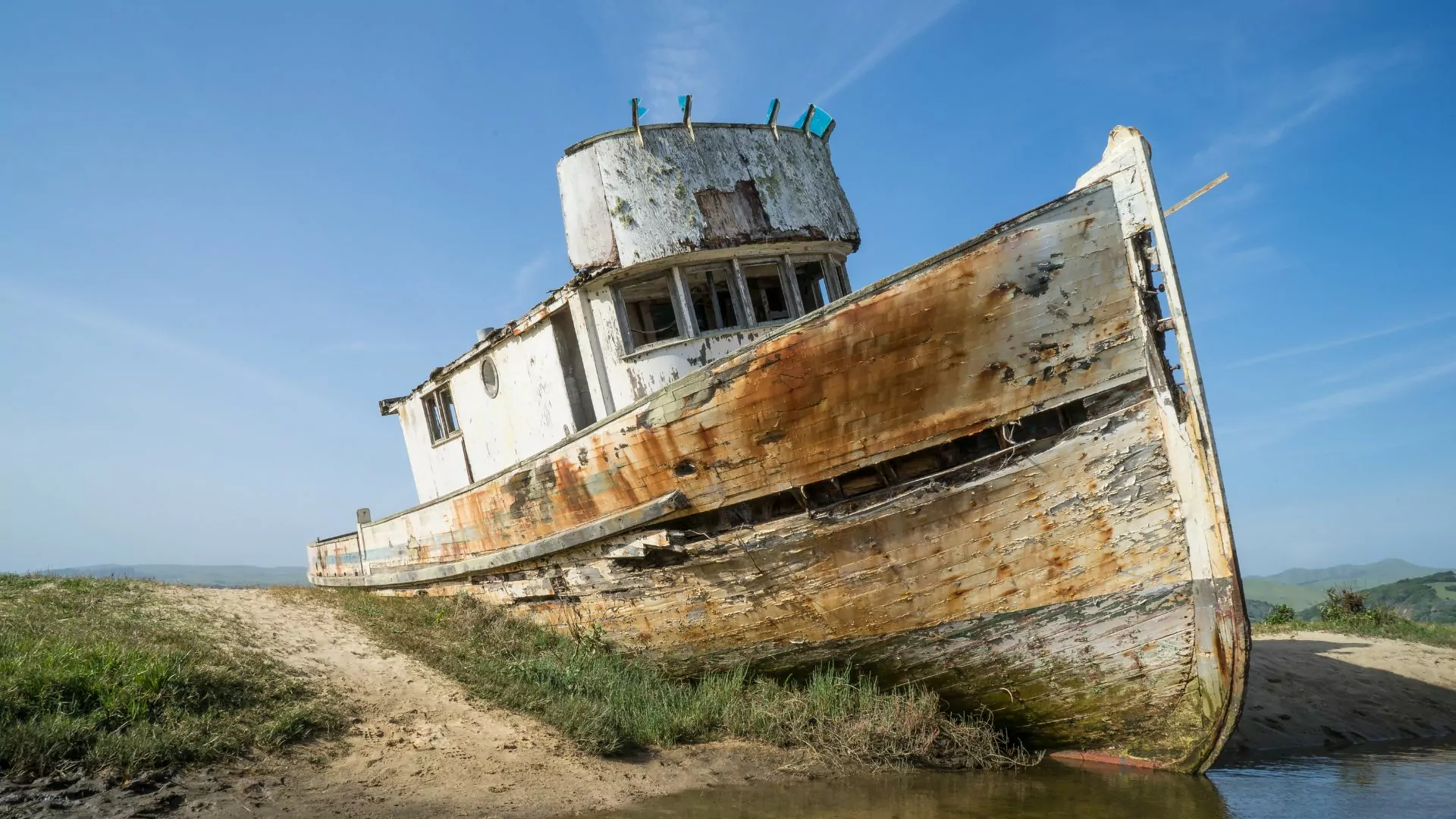 A ship wreck sits beached along Point Reyes National Seashore