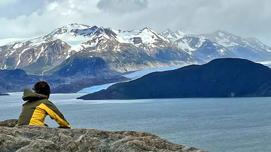 Glacial fed lake and snow-capped mountains in Patagonia, Chile