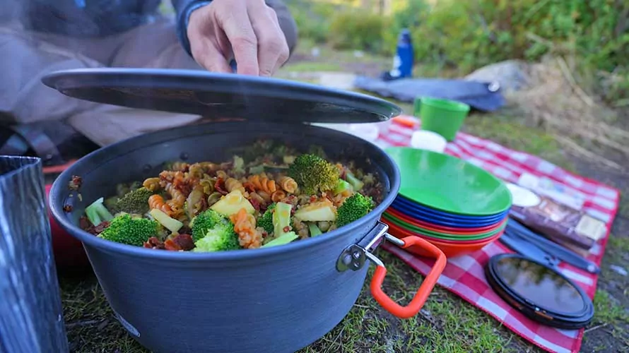 Pot of delicious pasta awaiting a tired group of hikers in Alaska