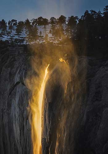 A closeup view of the Yosemite Horsetail Fall Firefall at sunset.