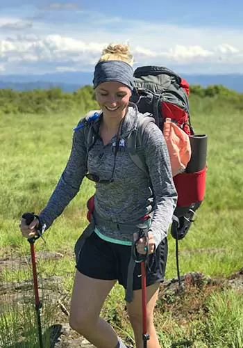 Woman backpacking on a bald in Great Smoky Mountains National Park, North Carolina