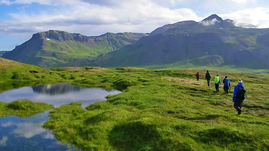 4 Hikers by ponds and mountains in Iceland