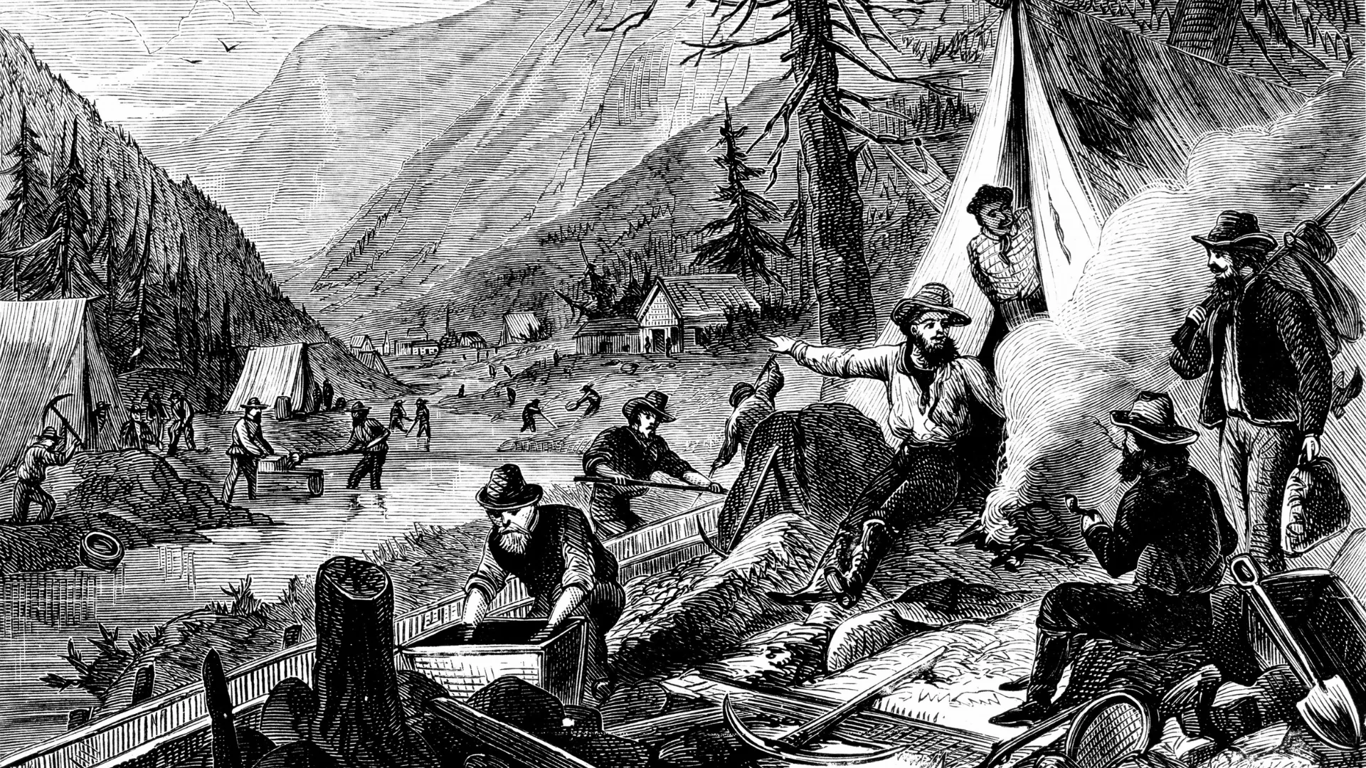 Black and white illustration of the California gold rush of the 1800s