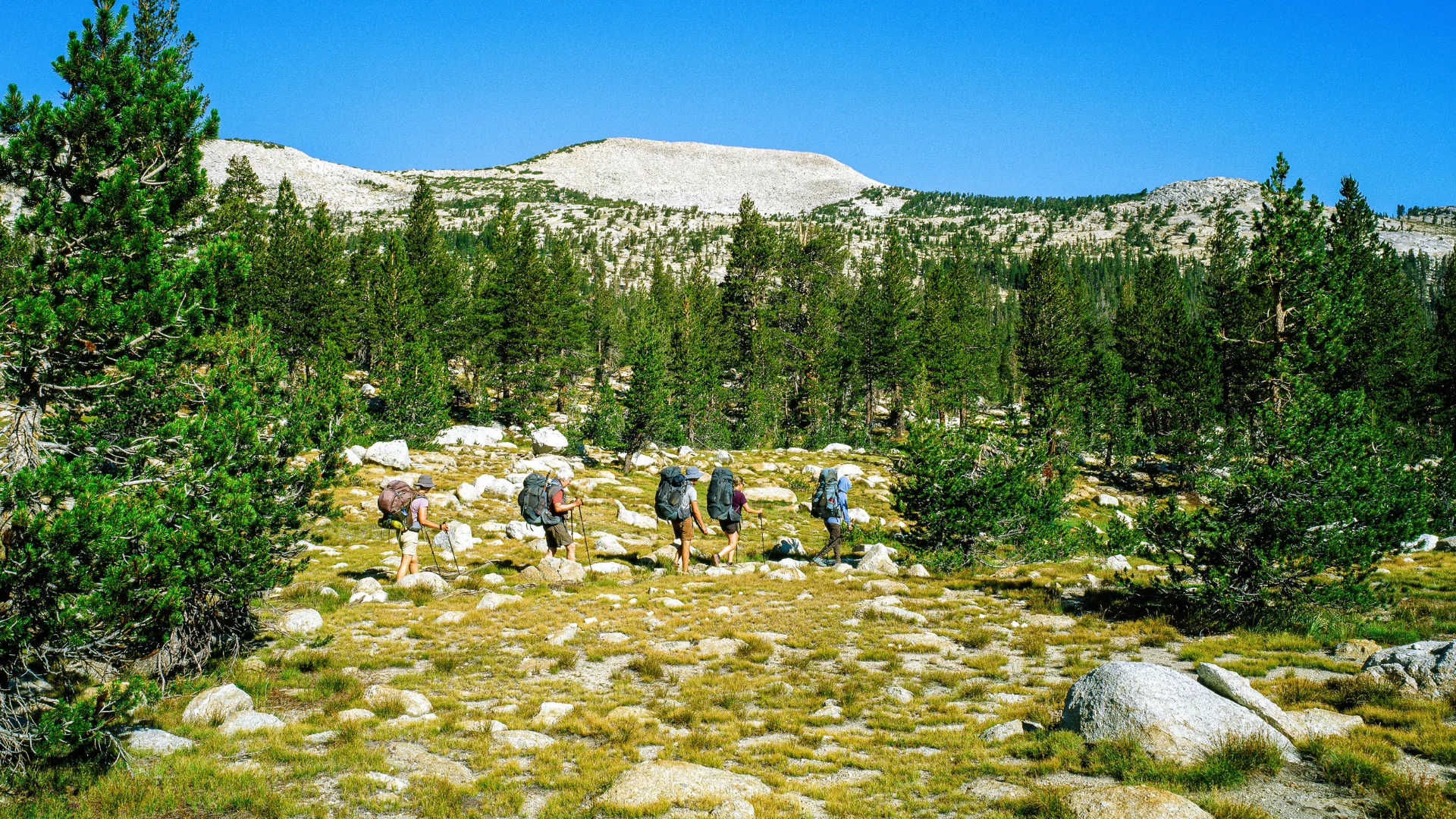 A group of backpackers hike the Rae Lakes loop in the Sierra mountains