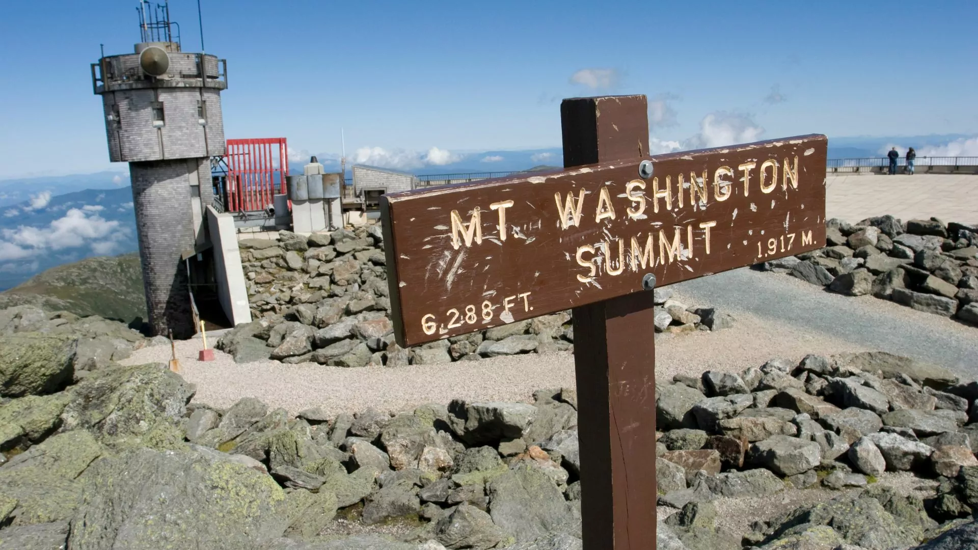 A sign reading "Mt Washington Summit" stand on top of a rocky peak next to a weather station