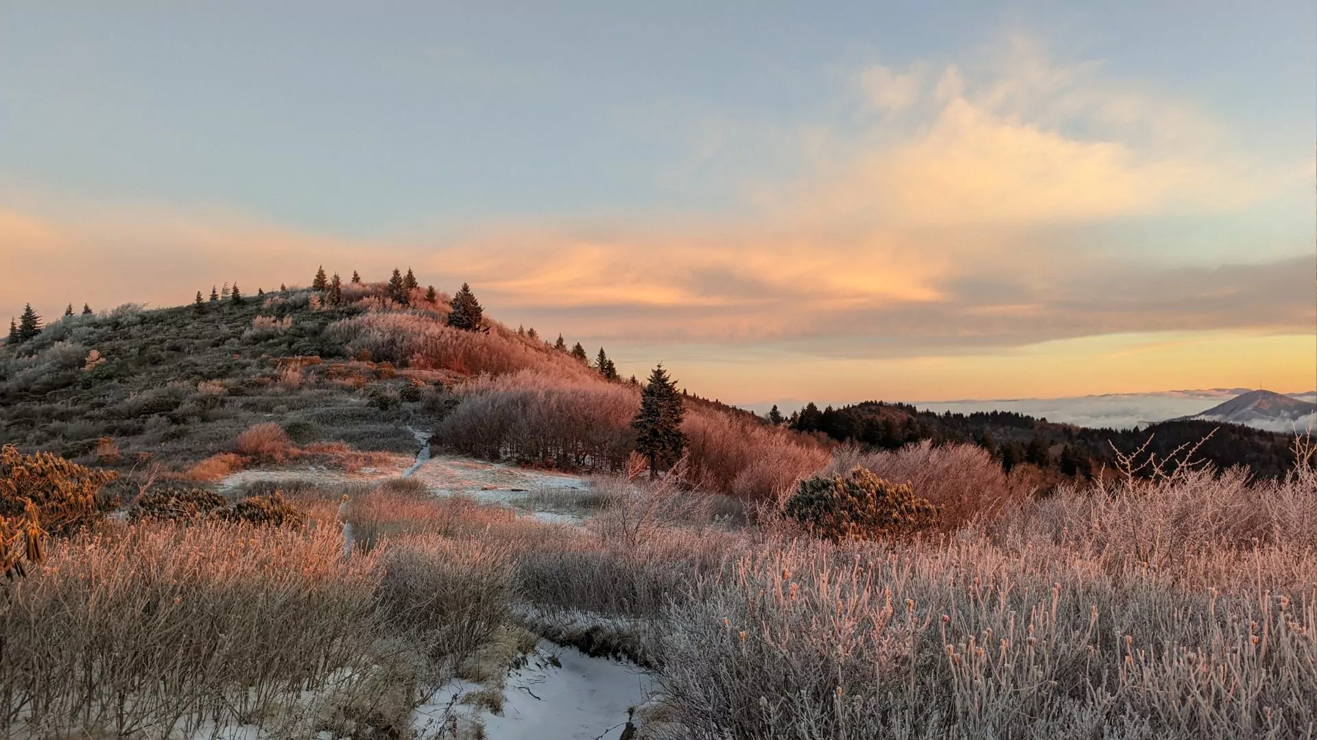 A frosty hilltop at golden hour