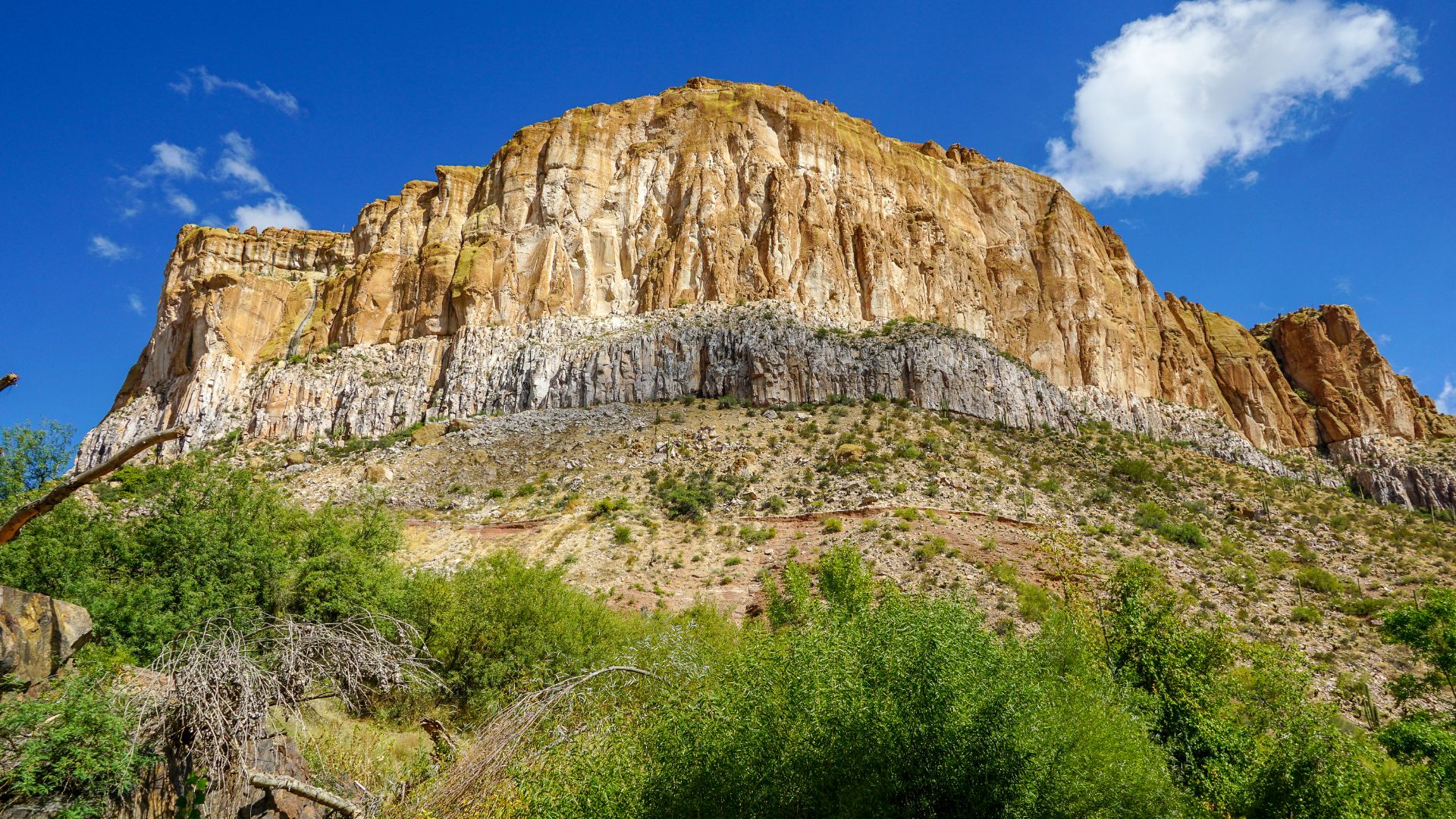 A rock feature rises above Aravaipa canyon in Arizona