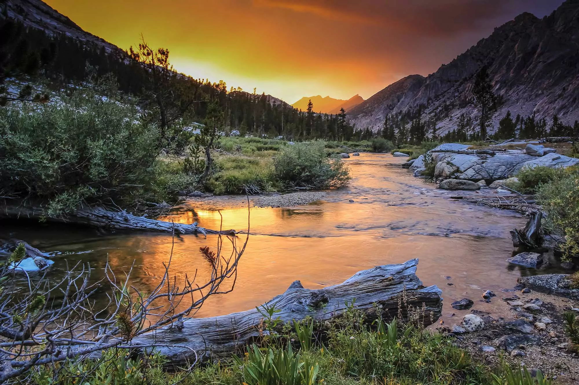 Majestic sunset on Bubbs Creek in Kings Canyon National Park. This is a campsite on the John Muir Trail.