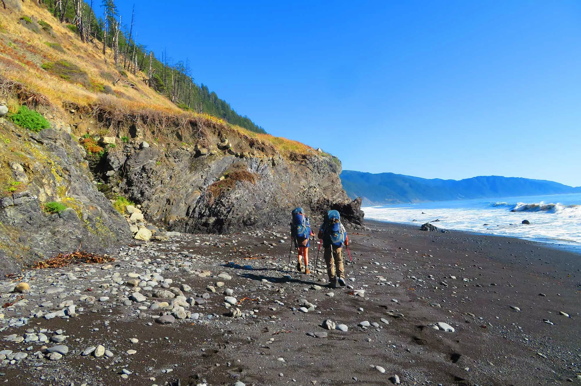 2 backpackers hiking on the Lost Coast of California
