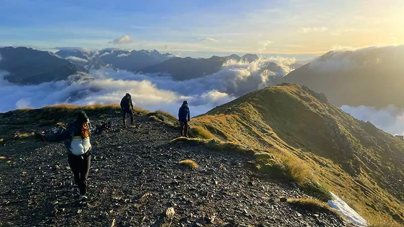 Wildland Trekking hikers in New Zealand with the sun setting behind them