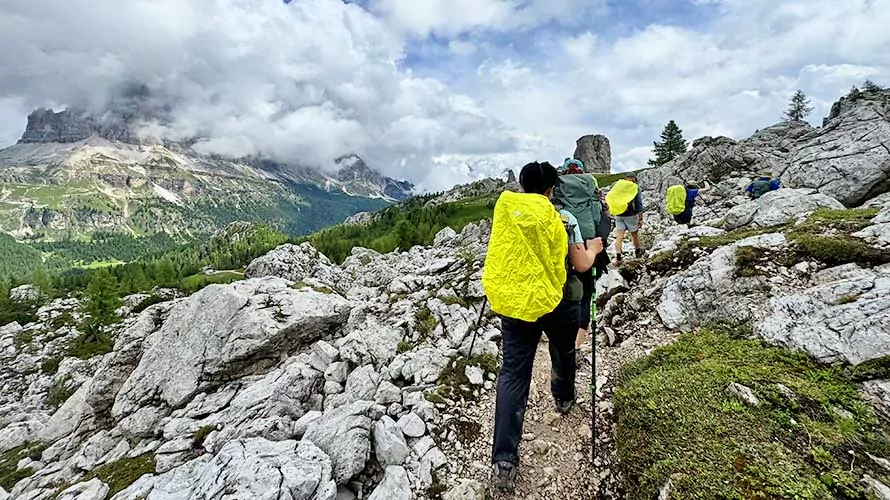 Hikers in the Dolomites near Cinque Torri