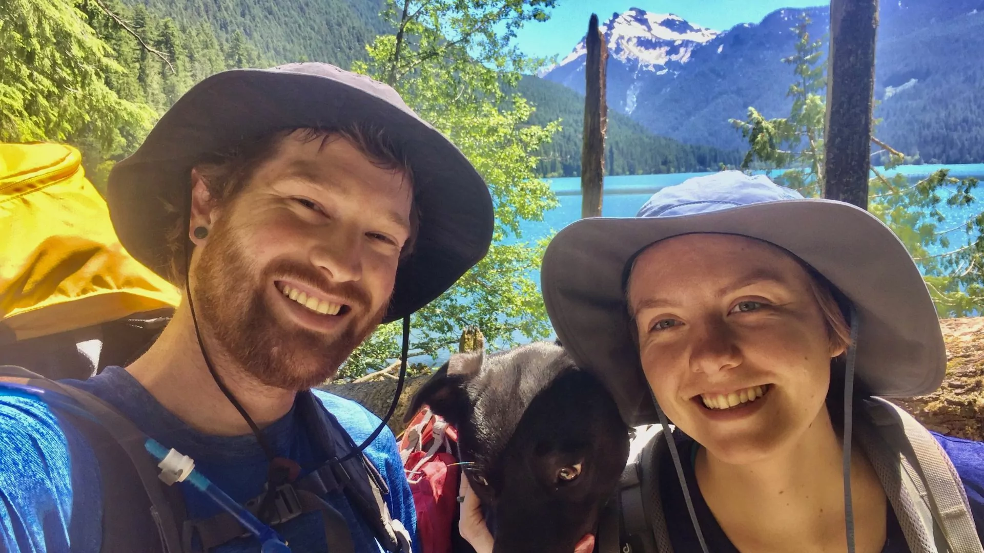 Two hikers pose for a selfie