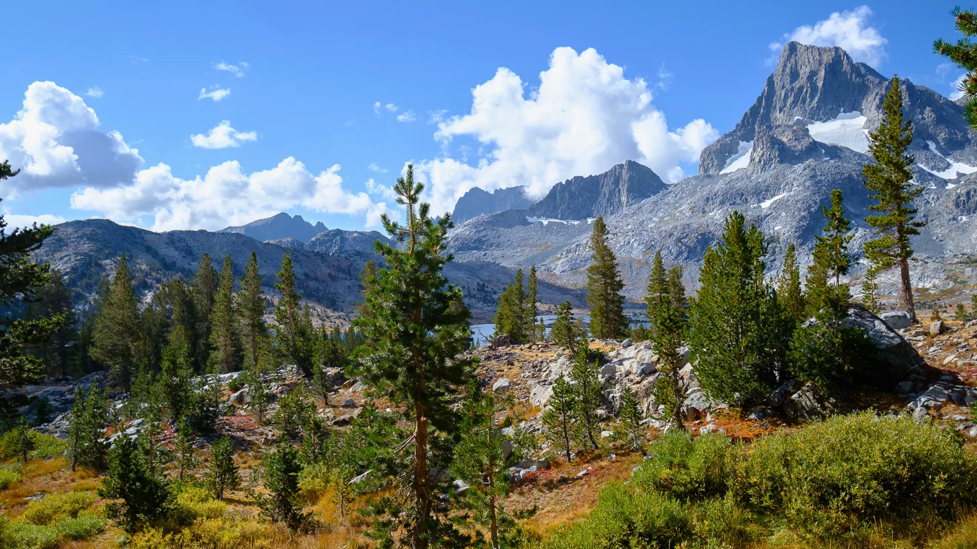The Sierra Nevada Mountains rise out of a forested alpine landscape along California's John Muir Trail