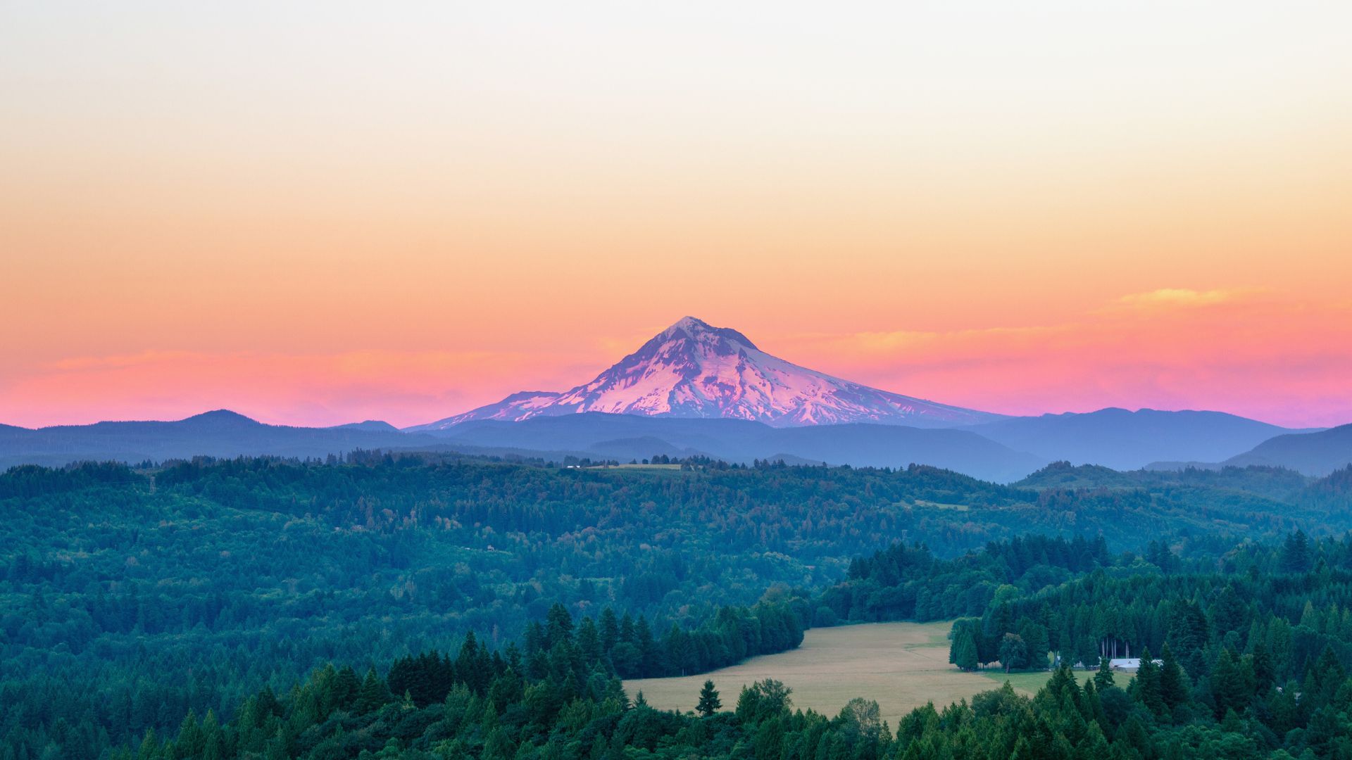 A snow covered Mount Hood sits on the Oregon horizon