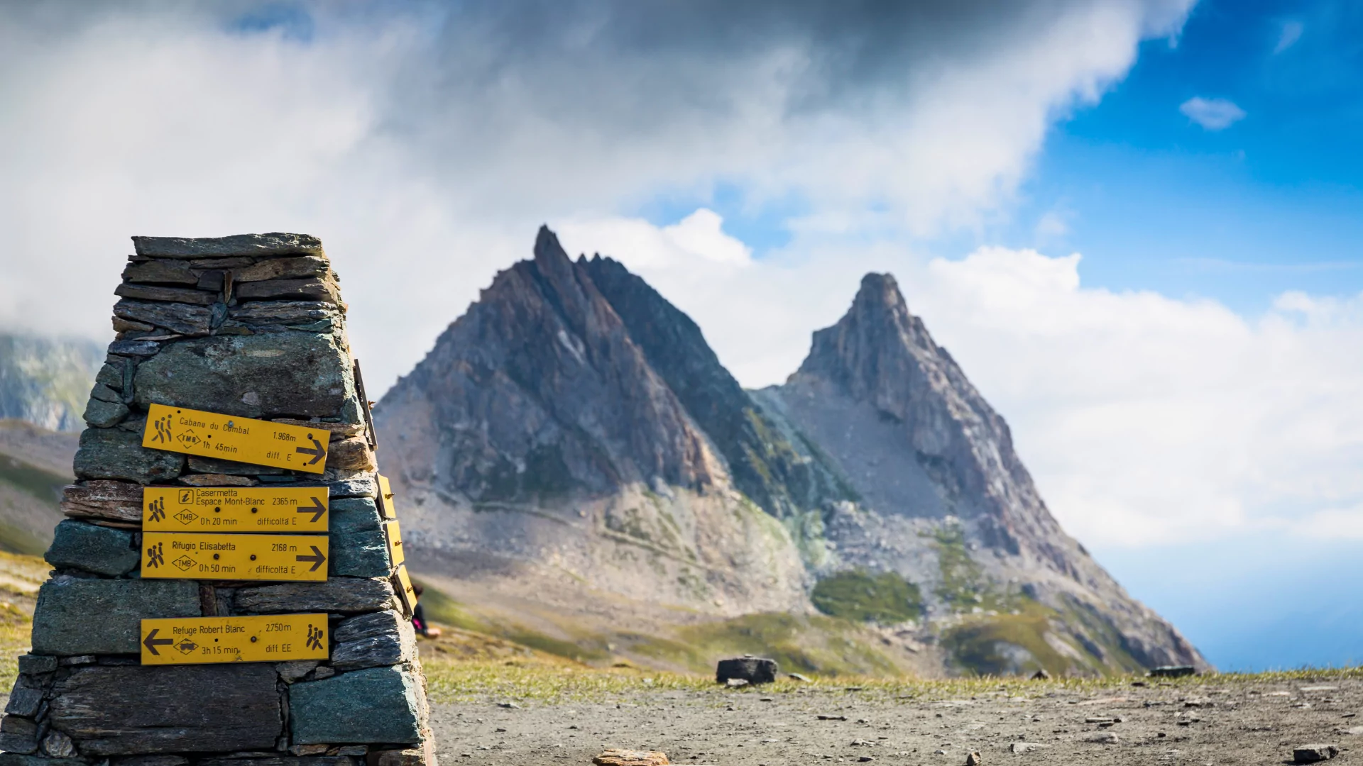 A signpost along the Tour du Mont Blanc route marks the iconic trail through the Alps