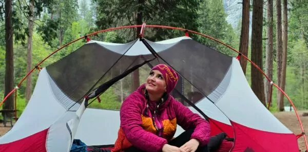 Camping in Yosemite woman in tent
