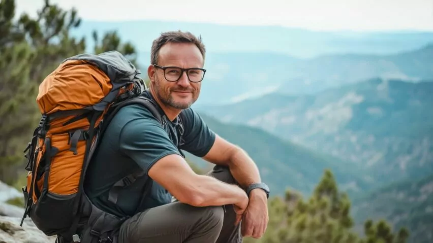 A hiker wears his backpack in the mountains