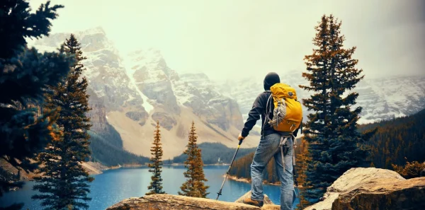 A hiker looks out on Banff National Park in the Canadian Rockies||Johnston Canyon trail in Banff National Park|Lake Louise lakeshore in Banff National Park