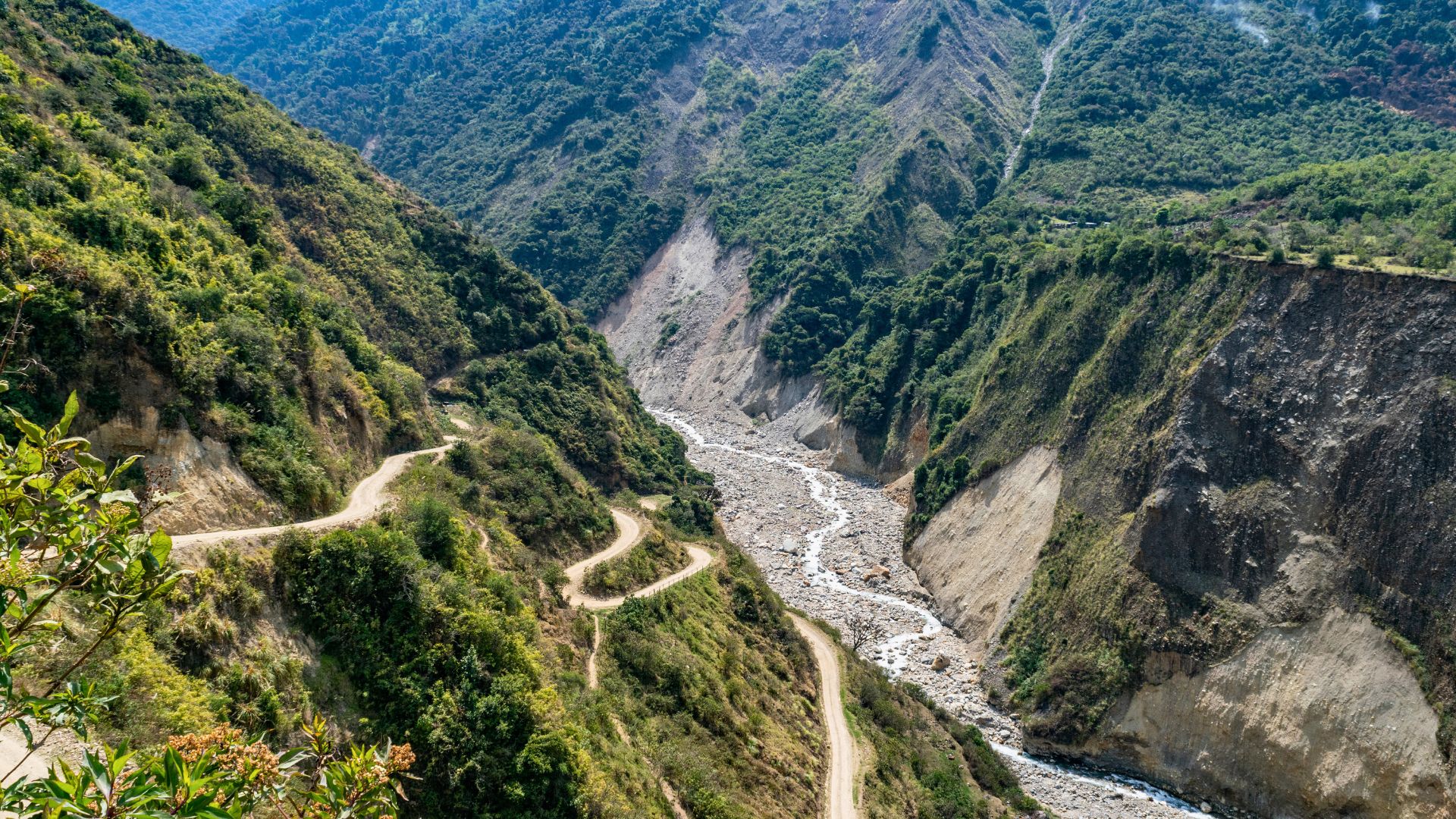 The Salkantay trail winds up a hillside in the Andes