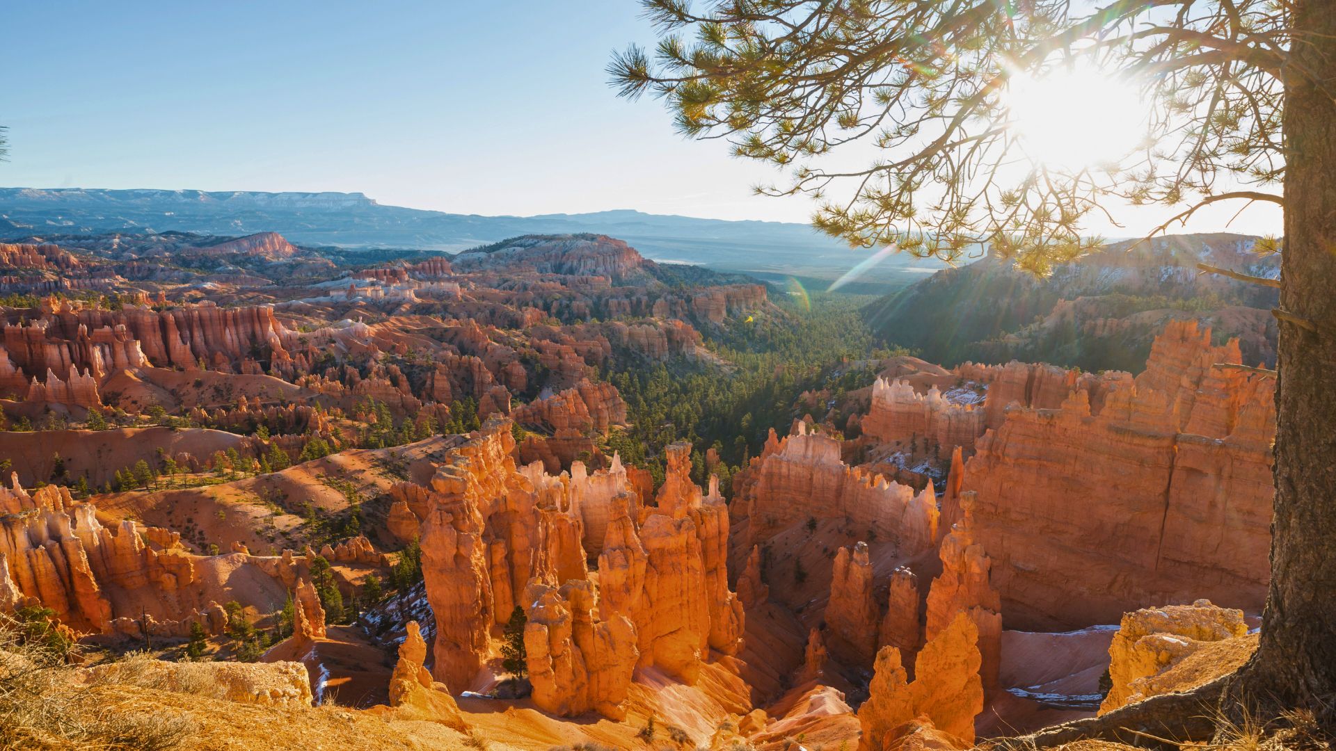 Sun shines through over Bryce National Park on a spring morning
