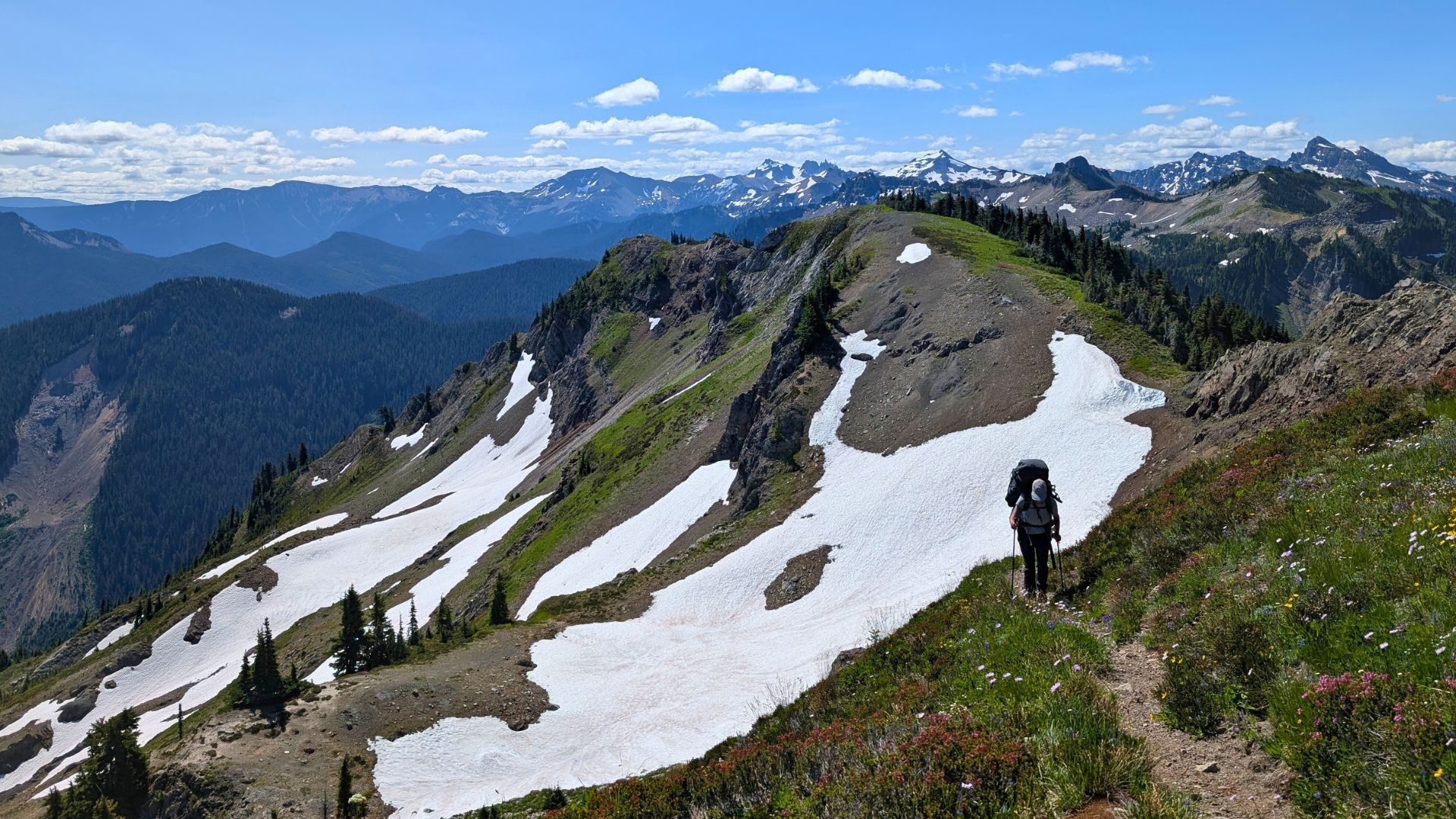 A backpacker traverses a trail in the Goat Rocks Wilderness