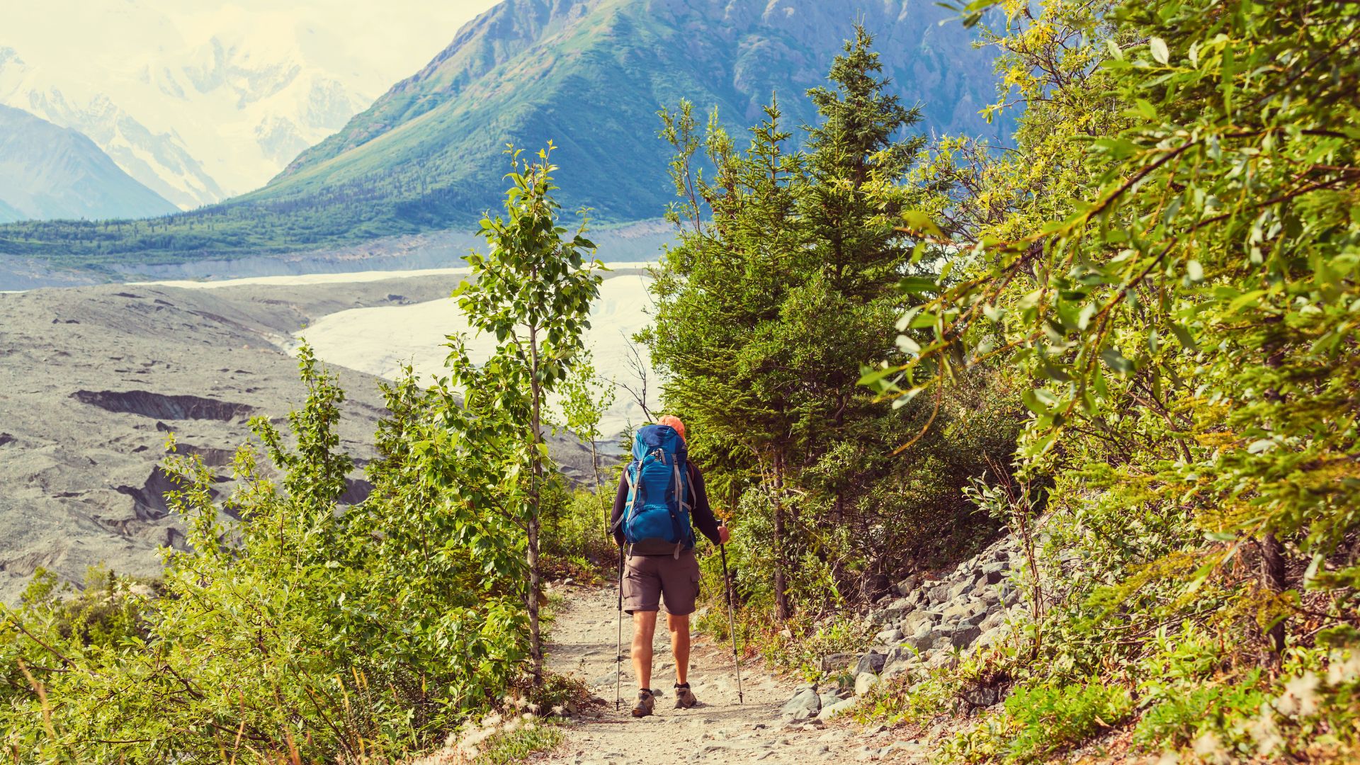 A hiker heads down the trail in Alaska