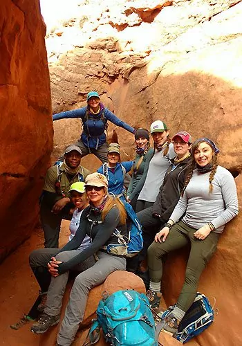 Group of Wildland Trekking guests hiking in the canyons of Utah