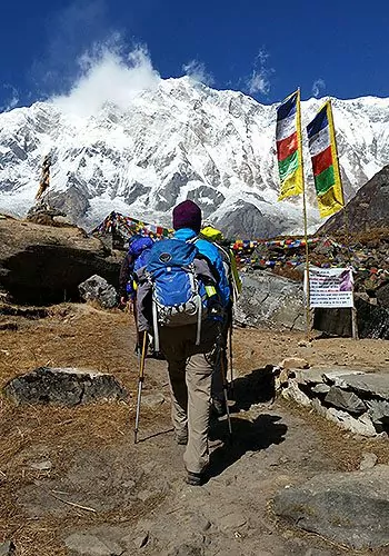 Hiker on trail with mountain flags behind him