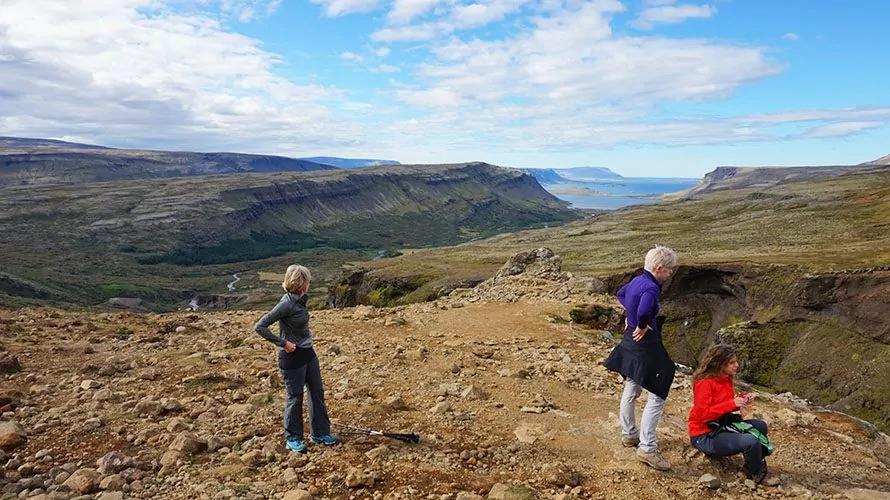 Hikers standing over landscape