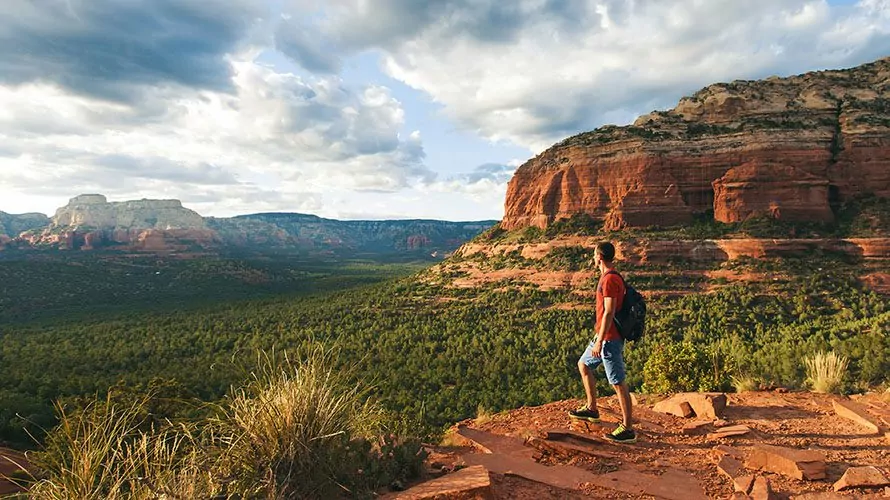 hiker on red rocks overlooking desert plants