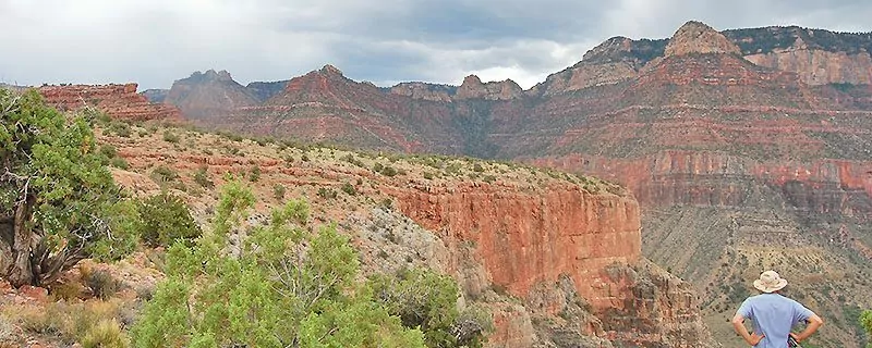 Hiker overlooking grand canyon landscape