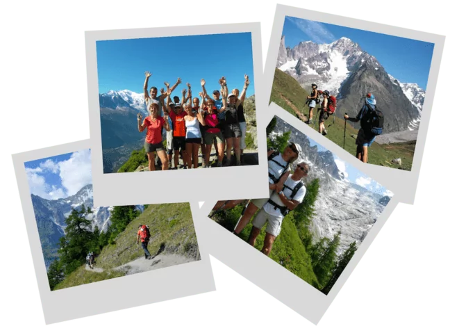 polaroid photos of hikers in Alps