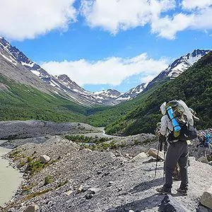 Hiker on stone path in Patagonia