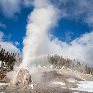 Erupting geyser in Yellowstone with rainbows and blue skies