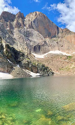 The Diamond rock formation sits above Lake Chasm in Rocky Mountain National Park