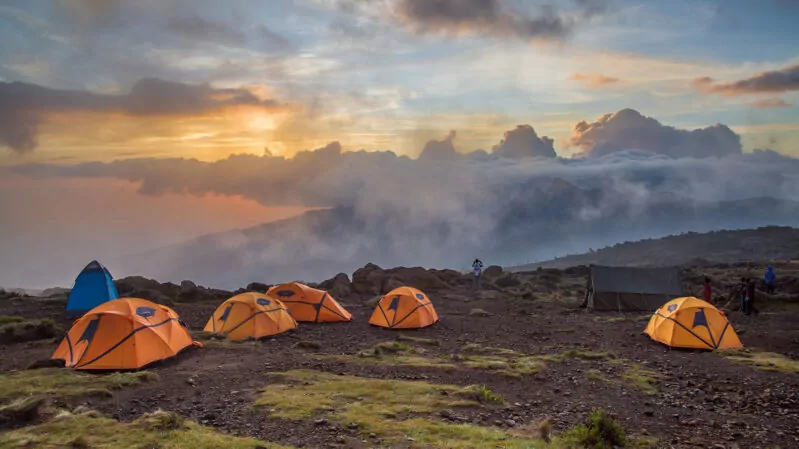 Tents at sunset on Kilimanjaro