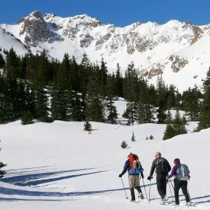 Three people snowshoeing on a blue bird day in Rocky Mountain National Park