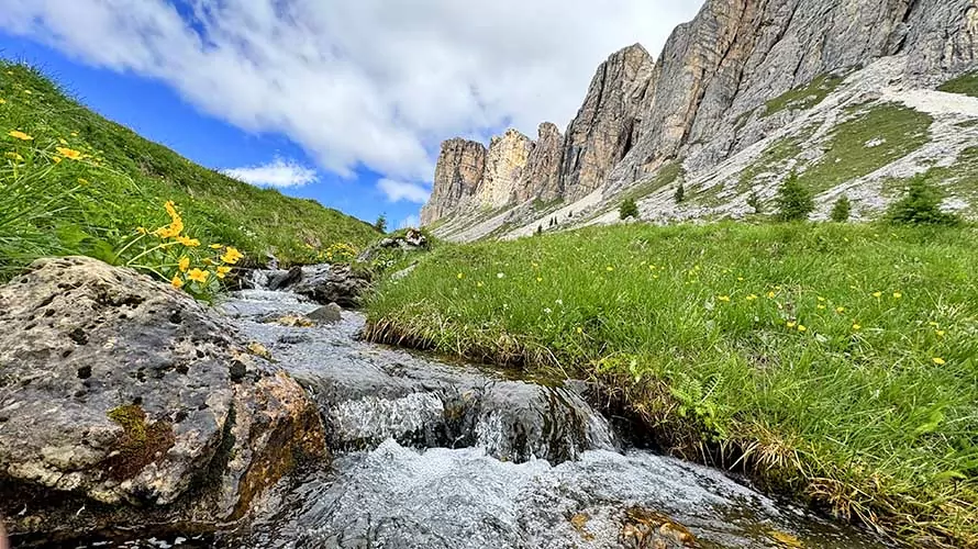 Beautiful mountain creek with limestone cliffs in the Italian Dolomites