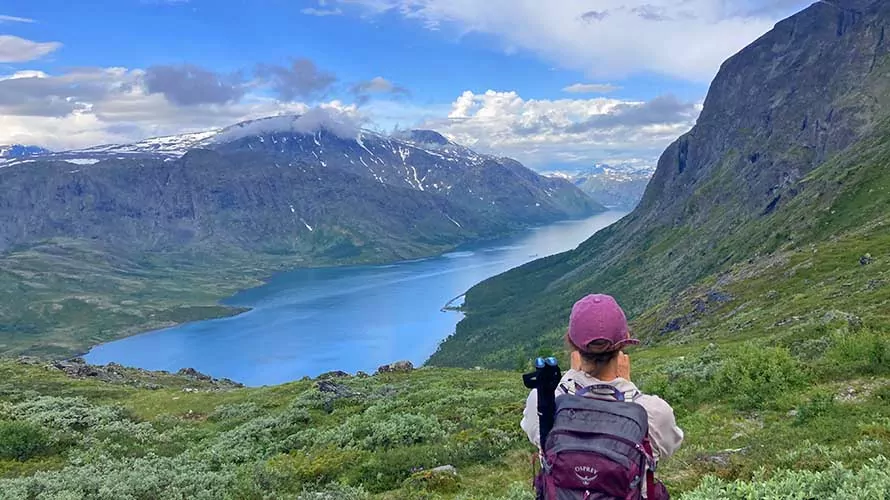 Hiker overlooking a dramatic view of mountains and fjords in Norway