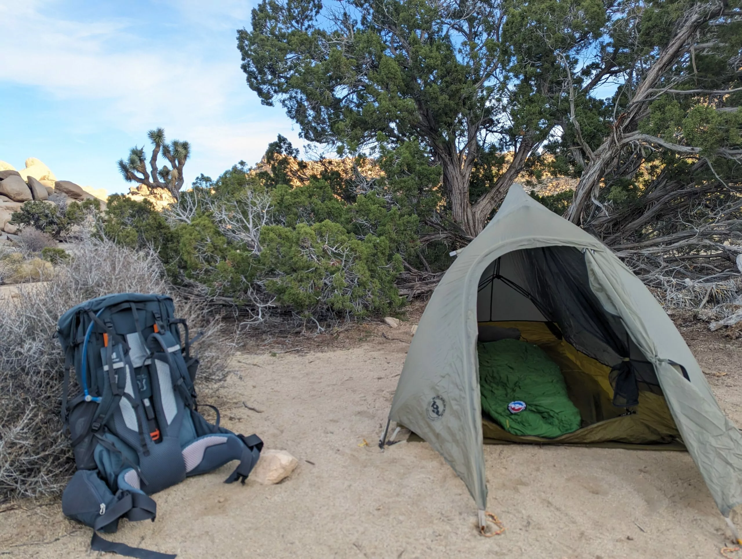 Backpack and tent in Joshua Tree backcountry