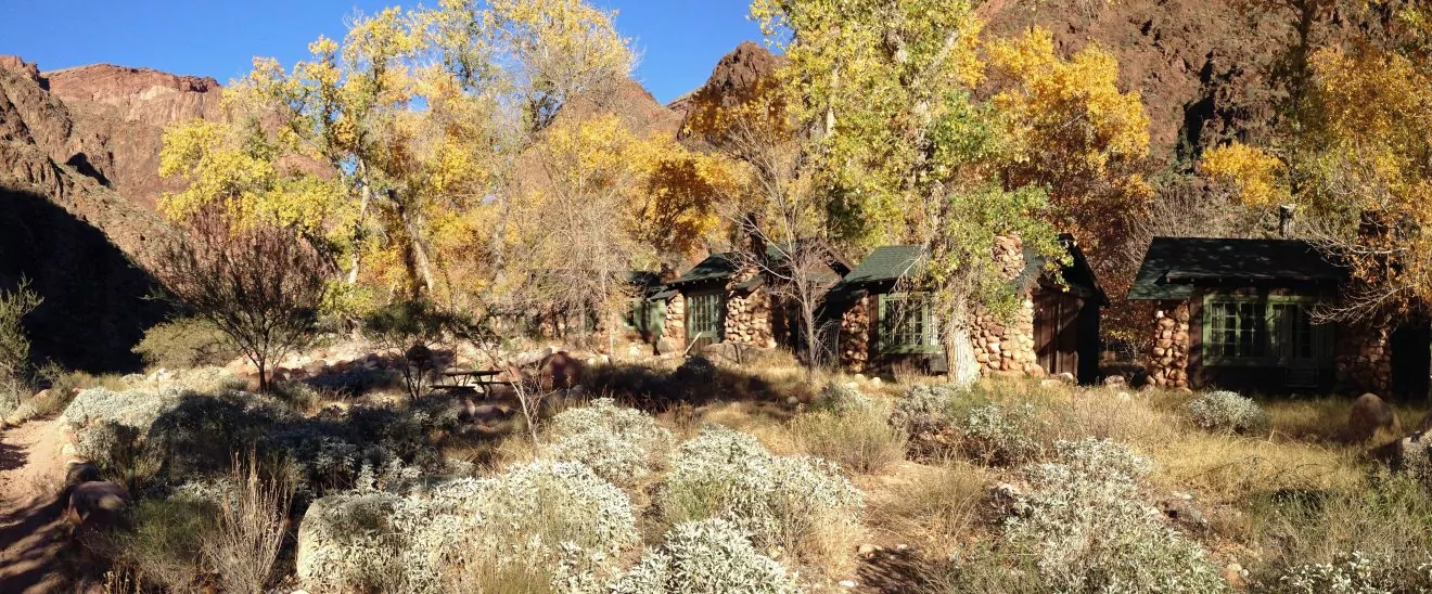 Phantom Ranch in the Grand Canyon surrounded by yellow trees.