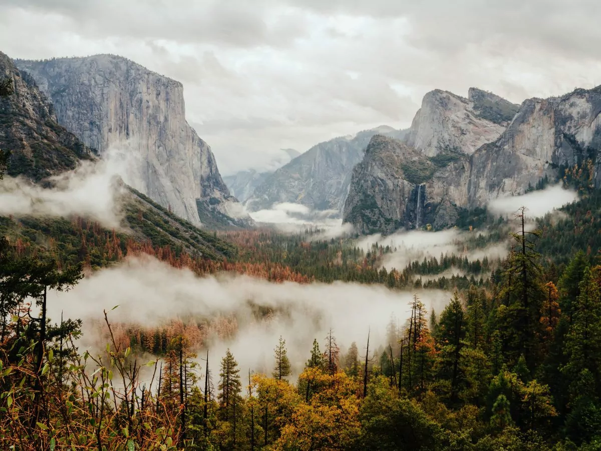 Yosemite Valley with clouds low and yellow trees.