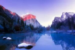 Yosemite-winter- el Capitan- snow- lake- sunset