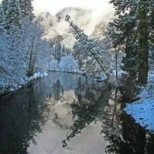 Yosemite in December Merced river snow winter trees pines falling