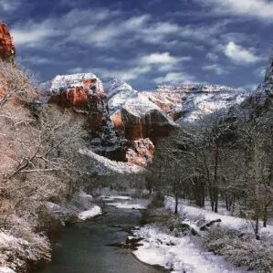 Zion in March river snow mountain 